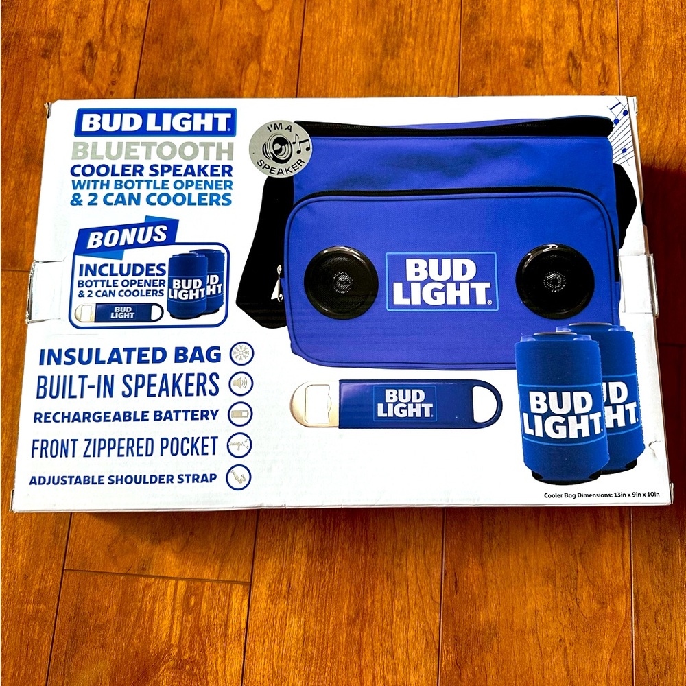 Bud Light Bluetooth Cooler Speaker with Bottle Opener & 2 Can Coolers NEW Sealed